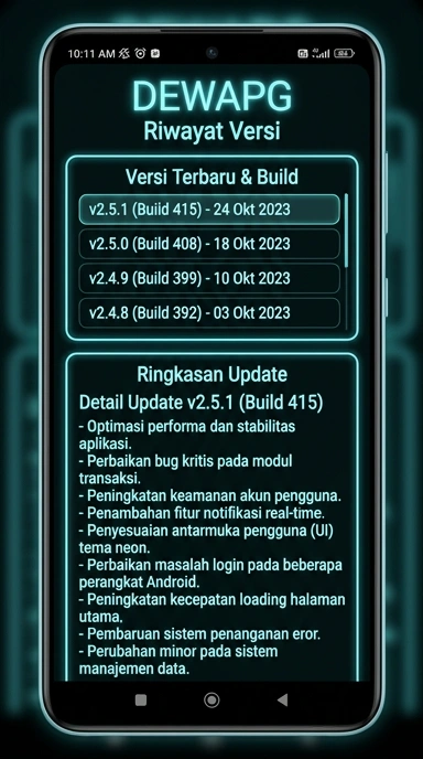 Tampilan riwayat versi dewapg